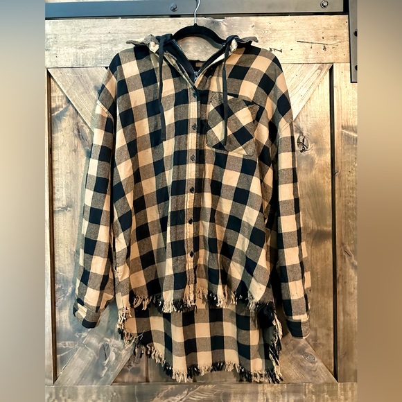 Risen Tops - Risen Black & Tan Checkered Flannel Hooded Jacket Sz 1X